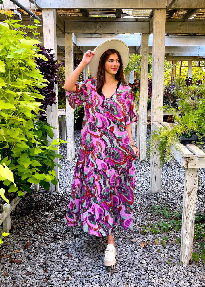 Groovy Girl Flutter Sleeve Maxi Dress | Purple Multi