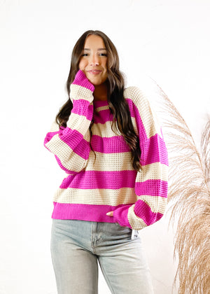 Own It Stripped Long Sleeve Sweater | Fuchsia