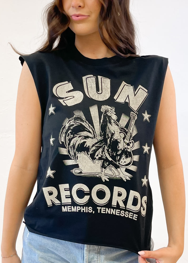 Recycled Karma Sun Records Rooster Cut Sleeve Tee | Black