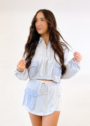 ILLA ILLA Chilly Mornings Cropped Half Zip Top | Light Blue