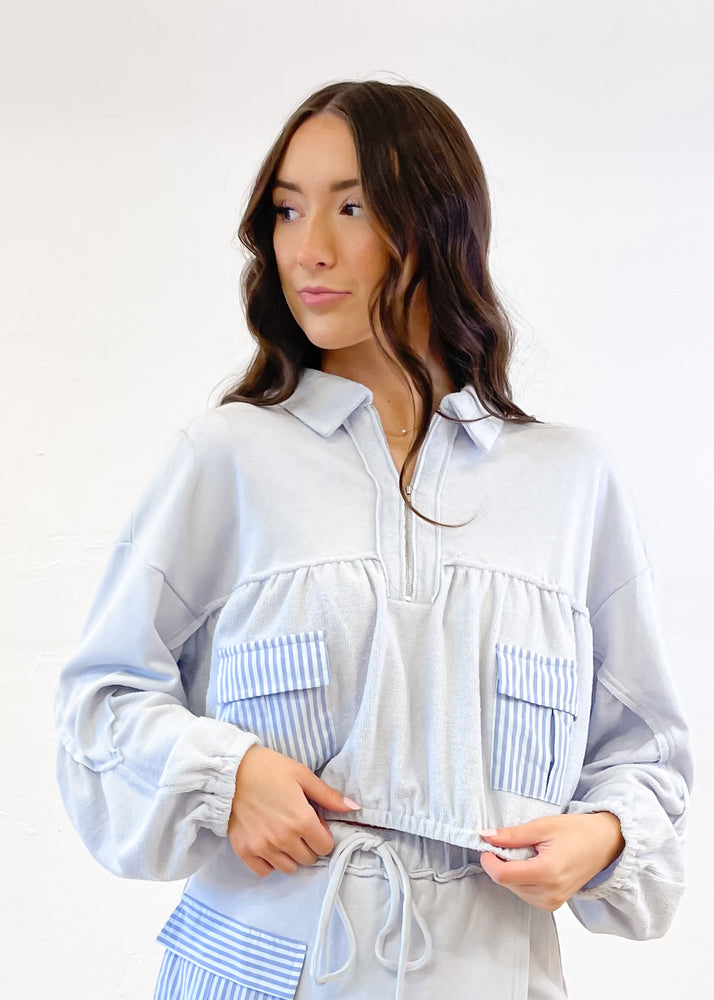 ILLA ILLA Chilly Mornings Cropped Half Zip Top | Light Blue