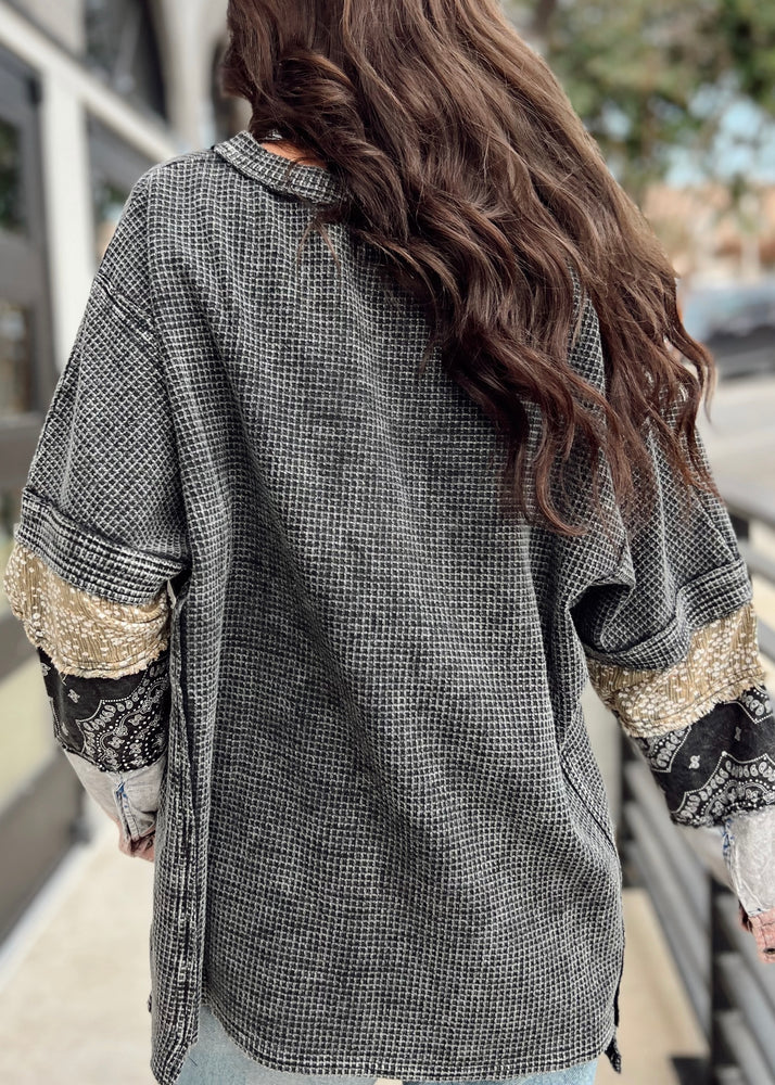 Dang Girl Waffle Knit Multi Sleeve Top | Charcoal