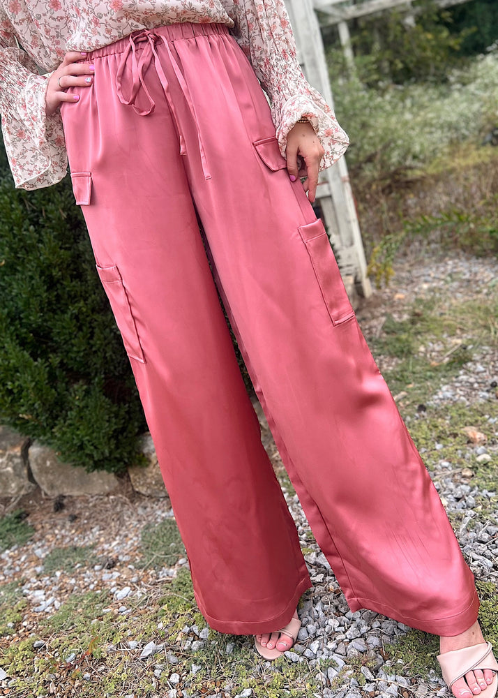 Aureum Get It Girl Satin Cargo Pants | Rose