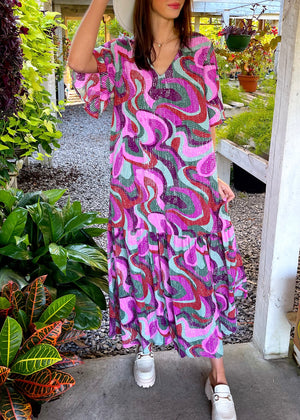 Groovy Girl Flutter Sleeve Maxi Dress | Purple Multi