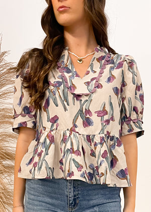 Brunch In Greece Floral Babydoll Top | Cream & Purple