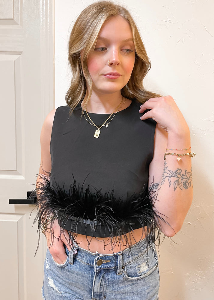 Aureum Black Feather Crop Top | Black