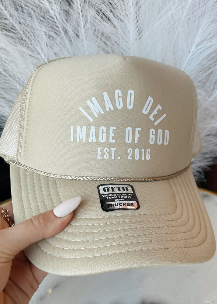 Imago Dei Image Of God Trucker Hat | Tan\White